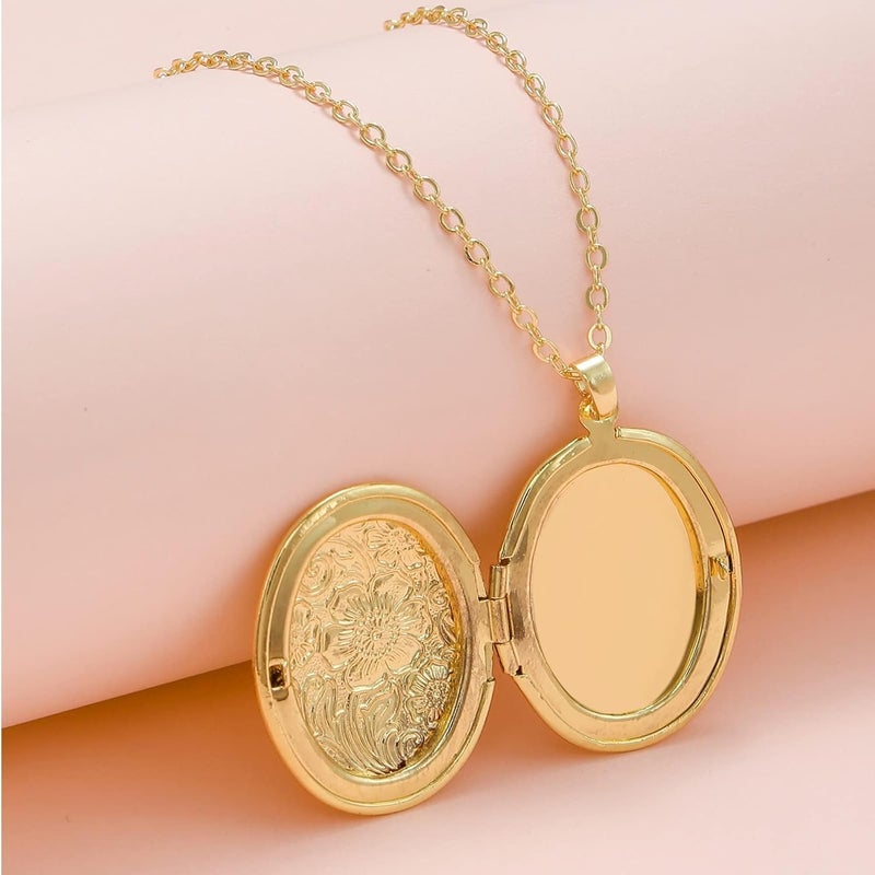 SCRDPRAD Vintage Engraved Flower Empaistic Photo Locket Hold Picture Oval Round Pendant Necklace Antique Carved Pattern Souvenir Memorial Clavicle Sweet Jewelry for Women - Image 4